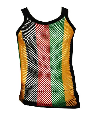 Buy Men's Fitted Camo Rasta Jamaica Stripe 100% Cotton String Vest Mesh Fishnet Top • 7.90£