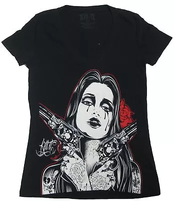 Buy NEW Womens Kill It Tattoos, Red Roses, And Guns V Neck Graphic T-Shirt Sz S • 14.47£