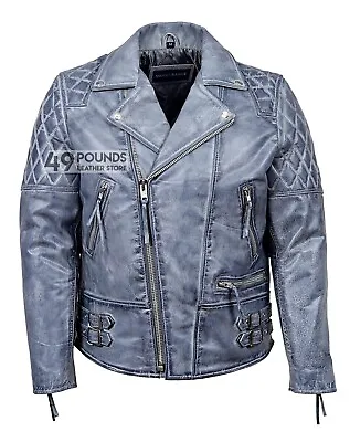 Buy Men's Biker Jacket Grey  RECKLESS  CLASSIC BIKER STYLE HIDE LEATHER 233 • 44.10£