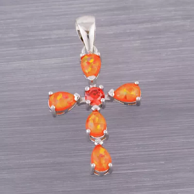 Buy Orange Fire Opal Simulated Garnet Gothic Cross Silver Jewellery Pendant Necklace • 3.92£