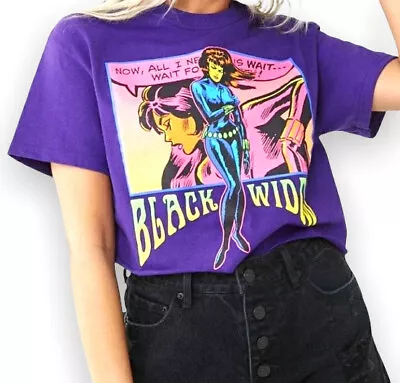 Buy Marvel Black Widow T-Shirt Short Sleeve Crop Top Purple Graphic Size Small • 8.46£