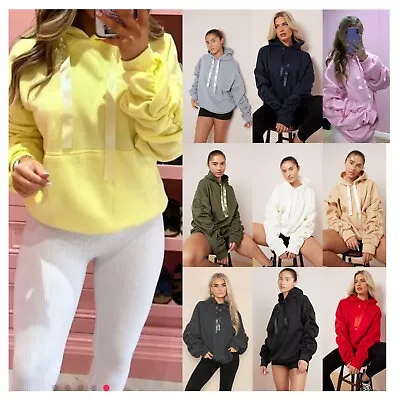 Buy Womens Ruched Sleeve Fleece Hoodie Ladies Oversized Pocket Sweatshirt Jumper Top • 22.99£