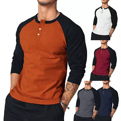 Buy Mens Long Sleeve Henley Raglan T Shirt Grandad Neck Contrast T-Shirt Top Tee • 8.40£