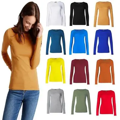 Buy Womens Long Sleeve Round Neck Plain Basic Ladies Stretch T-Shirt Top UK 8-26 • 5.95£
