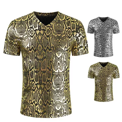 Buy Mens Casual Snakeskin Print V Neck Short Sleeve T-Shirt Shiny Color Summer Tops • 21.59£