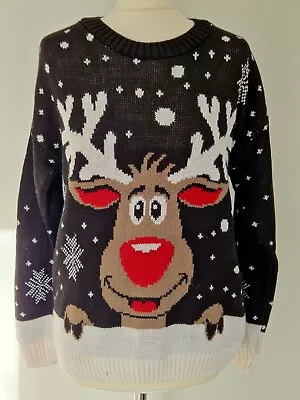 Buy Christmas Jumper Womens Size Medium Large Black Reindeer  • 10.99£