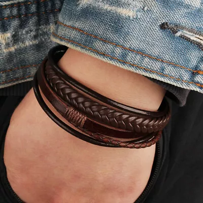 Buy Genuine Leather Braided Multi-Layer Bracelet W. Stainless Steel Magnetic Clasp • 8.95£