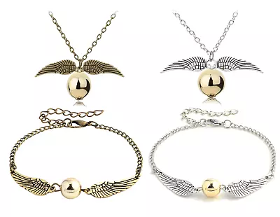 Buy Wizard Potter Golden Snitch Inspired Silver Necklace And Bracelet Gift Set UK • 3.89£
