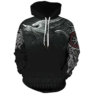 Buy Men's Viking Tattoo Norwegian Mythology 3D Printing Hoodie Pullover Sweatshirt • 30.07£