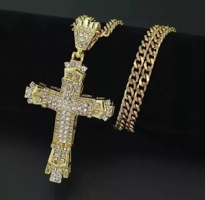 Buy Mens Bling Hip Hop Cross Crucifix Pendant Necklace With CZ Gemstone Trapper Rap • 6.45£