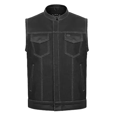 Buy Mens Black Leather And Denim Club Style Classic Motorbike Waistcoat • 69.99£