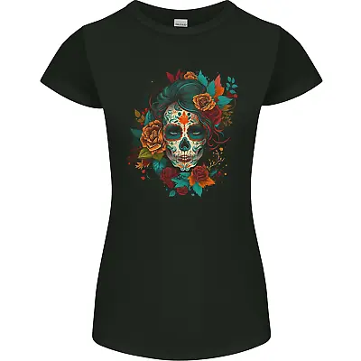 Buy A Sugar Skull With Flowers Day Of The Dead Womens Petite Cut T-Shirt • 9.99£
