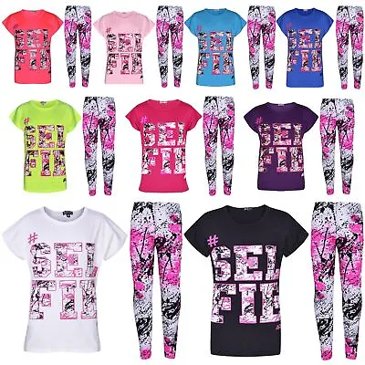 Buy Girls Tops Kids #SELFIE Print T Shirt Top & Fashion Splash Legging Set 7-13 Year • 9.99£