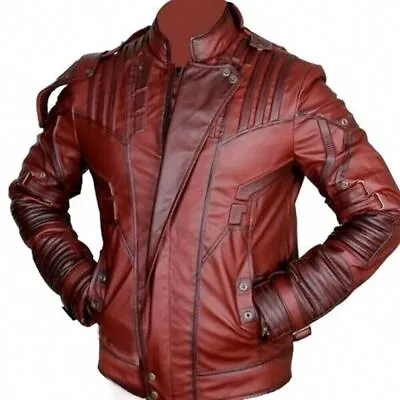 Buy Mens Guardians Of The Galaxy 2 Star Lord Chris Pratt Maroon Black Leather Jacket • 99.99£