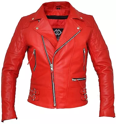 Buy Classic Diamond Bright Red Armoured Motorcycle Biker Leather Jacket • 130£