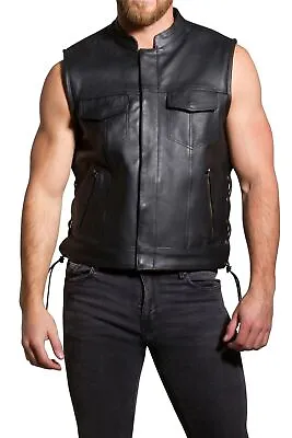 Buy Men's Real Leather SOA Style Motorbike Cut Off Biker Laced Up With Zip Pockets • 58.98£