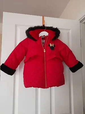 Buy Baby Girls Coat Jacket Minnie Mouse Faux Fur Red Black Gold Hooded Parka Age 2-3 • 24.99£