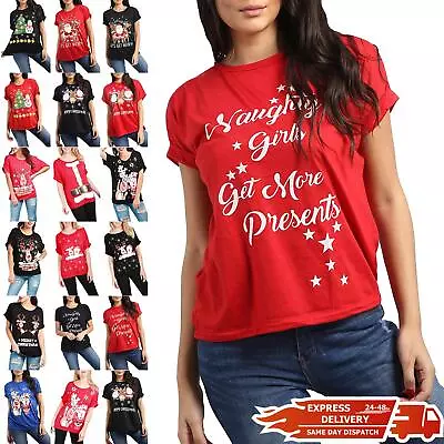 Buy Womens Ladies Christmas Printed Baggy Turn Up Sleeve Basic Xmas T Shirt Tee Top • 2.99£