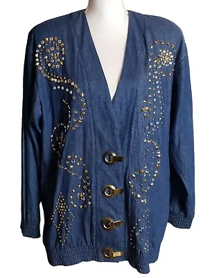 Buy Vintage Chambray Blue Denim Jacket Size Large Gold Studs Rhinestones 100% Cotton • 26.49£