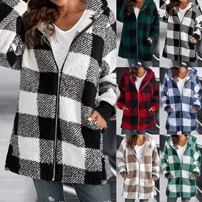 Buy Plus Size Women Plaid Check Hooded Sweatshirt Zip Up Jacket Hoodies Cardigan Top • 10.09£