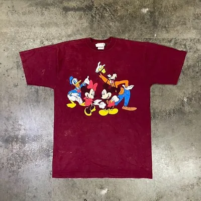 Buy Mickey Mouse T-Shirt Mens 90s Walt Disney USA Tee Burgundy Medium • 15£