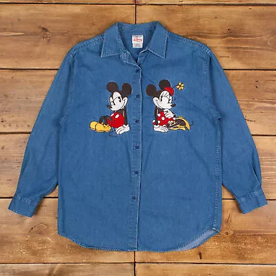 Buy Vintage Disney Denim Shirt Button M Mickey Mouse Womens Long Sleeve Blue Solid • 29.69£