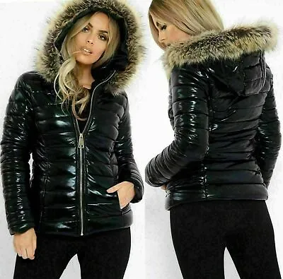 Buy Women's Quilted Puffer Wet Look Black Shiny Padded Jacket Fur Hooded Thick Coat • 25.99£