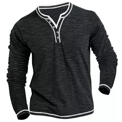 Buy Mens Long Sleeve V Neck Grandad Shirts Tops Loose Button Henley T-Shirt Blouse • 13.69£