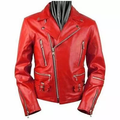 Buy Men Genuine Lambskin Red Leather Jacket Slim Fit Biker Motorcycle Jacket • 155.50£