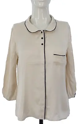 Buy Whistles Shirt Pyjama Blouse Silk Beige Black Piping Trim Peter Pan Collar UK 12 • 9.99£