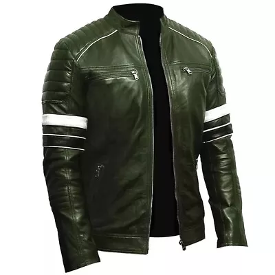 Buy Men's Stylish Genuine Cafe Racer Green Retro Style Vintage Real Leather Jacket • 99.99£