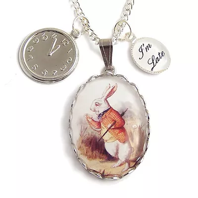 Buy The White Rabbit Alice In Wonderland Necklace I'm Late Clock Watch Silver Charm • 24.99£