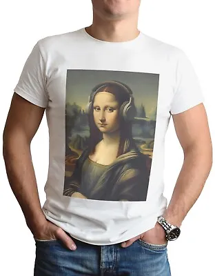 Buy Mona Lisa Headphones T-Shirt Parody Art Joke Funny Gift Tee Top T Shirt Da Vinci • 6.99£
