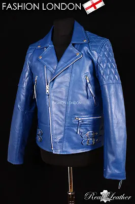 Buy REBEL Men's Biker Motorcycle Hide Leather Jacket Motorbike Cruiser Blue Jacket • 79.20£