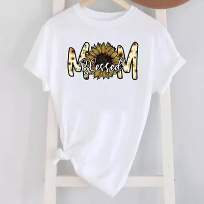 Buy BLESSED MOM Big Sunflower  Printed Round Neck Short-Sleeve T-Shirt Gift Size L • 18.94£