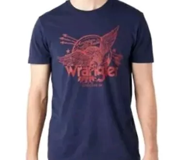 Buy Wrangler T Shirt Medium Blue Red Printed Logo Short Sleeve Cotton Mens Large • 9£