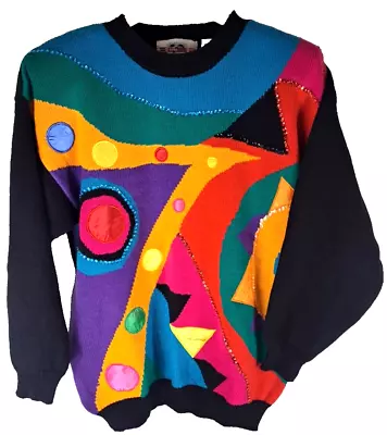 Buy Womens Vintage 90s Sweater Colorful Sequins Satin Patches Embellished 18 W • 43.56£