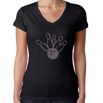 Buy Womens T-Shirt Rhinestone Bling Black Fitted Tee Bowling Pins Ball Crystals • 22.69£