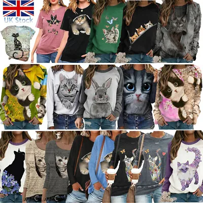 Buy Womens Long Sleeve Tops Cat Dog Print T Shirt Ladies Hoodies Blouse Pullover UK • 13.99£