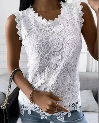 Buy Womens Vest Cami Lace Tops Blouse Ladies Summer Sleeveless Tee T Shirt Plus Size • 11.95£
