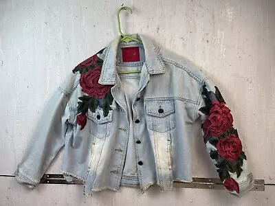 Buy 36Point5 Jean Jacket Womens Sz S Destroyed Cut Off Embroidered Roses Denim • 22.63£