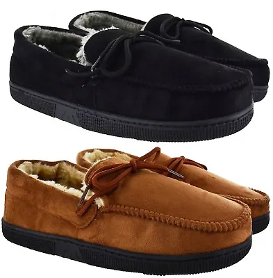 Buy Mens New Gent Warm Fleece Winter Moccasin Flat Hard Sole Slippers Shoes Uk Sizes • 9.95£