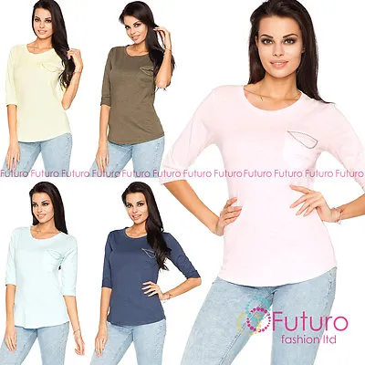 Buy Womens Casual Top With Pocket 3/4 Sleeve Crew Neck T-Shirt Size 8 - 12 FT1940 • 7.59£