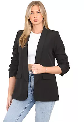 Buy Women Ladies Ruched Sleeve Fully Lined Blazer Collared Casual Formal Jacket 8-14 • 19.99£