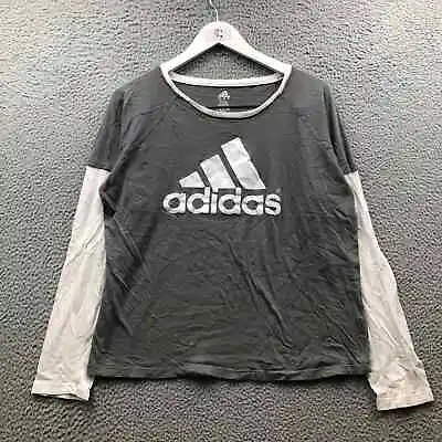 Buy Adidas T-Shirt Women's XL Double Layer Sleeve Graphic Logo Round Neck Gray White • 14.47£