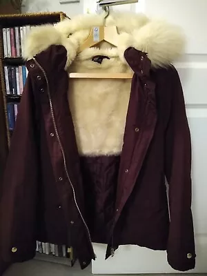 Buy Women's Size 10 TOPSHOP Burgundy Warm Lined Jacket Faux Fur Hood Trim • 7.99£