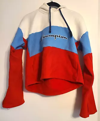 Buy Champion Reverse Weave Cropped Hoodie Womens M Red White Blue Flared Sleeves • 18.94£