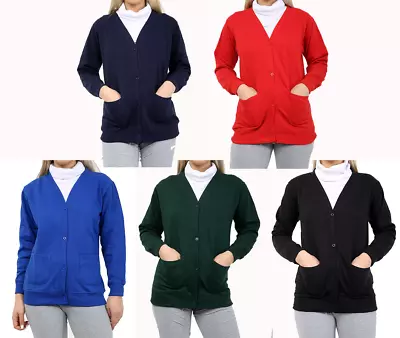 Buy GIRLS Button Cardigan Fleece Jumper Kids School Uniform Sweatshirts Top Pockets • 8.99£