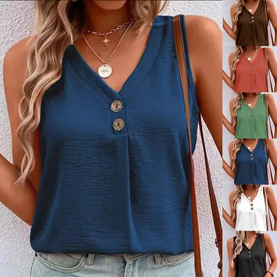 Buy Sexy Ladies Solid Strappy Sleeve V Neck Sleeveless Button T-shirts Blouse Top UK • 8.89£