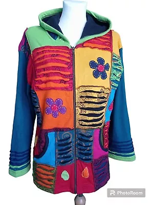 Buy SPIRIT Of NEPAL Cotton Fleece Lining Hooded  LARGE Colorful Hippie Boho Jacket • 19.89£